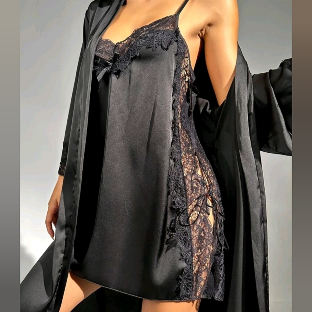 Luxe Lace Trim Satin Robe with Slip Night Dress Set - Picture 2 of 4